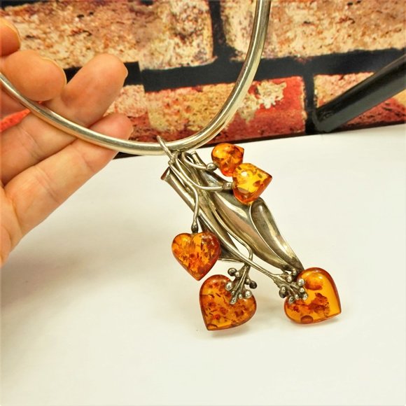 MASSIVE AMBER STERLING PENDANT & BROOCH WITH OMEGA WIRE NECKLACE, RARE JEWELRY - Picture 16 of 16